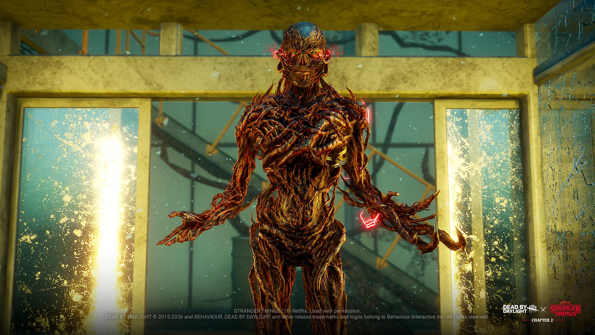 Vecna, the Stranger Things killer in Dead by Daylight, stands in a ruined facility with glowing red eyes and exposed
